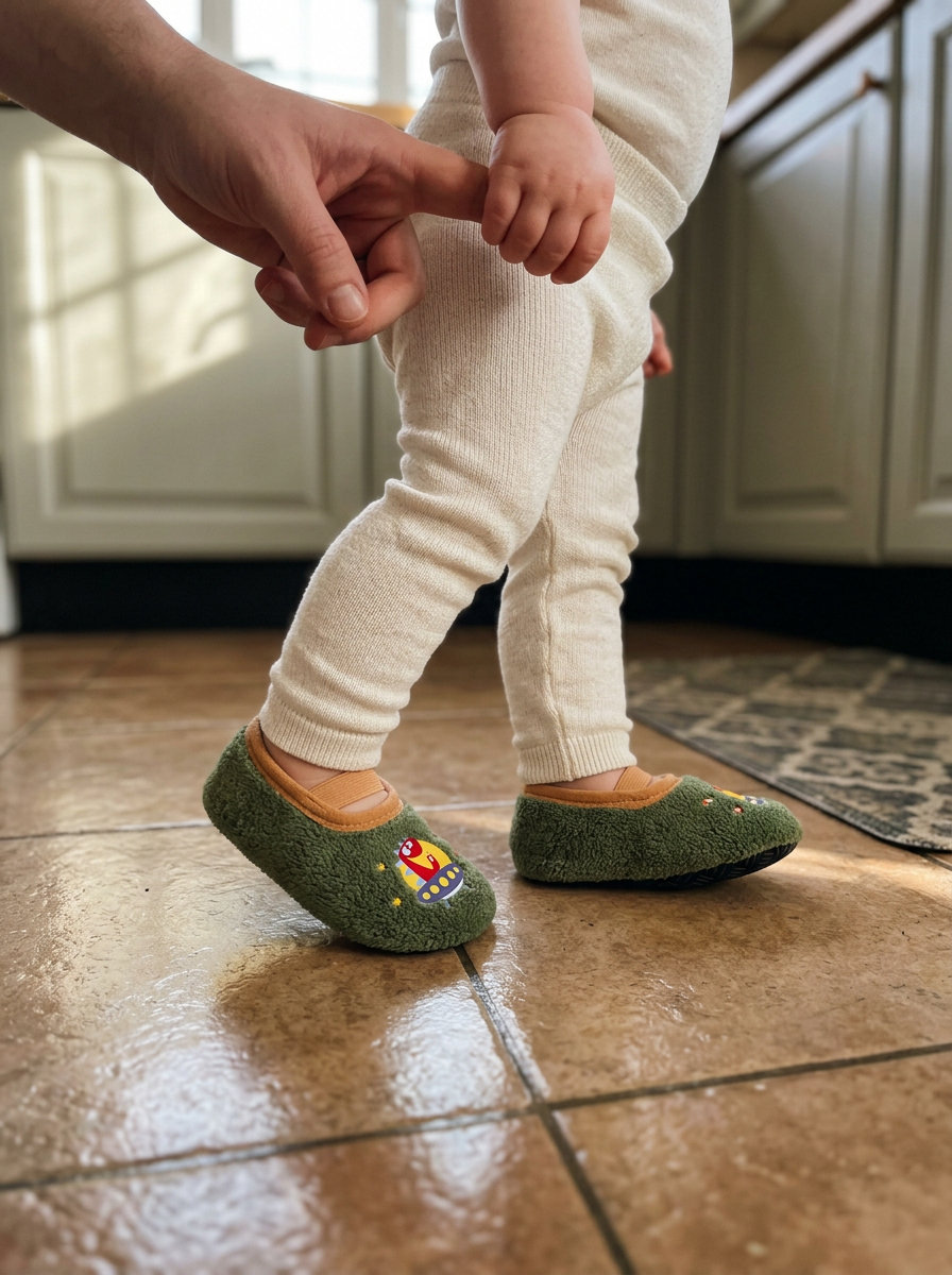 A toddler walking across kitchen tiles holding a parent's finger