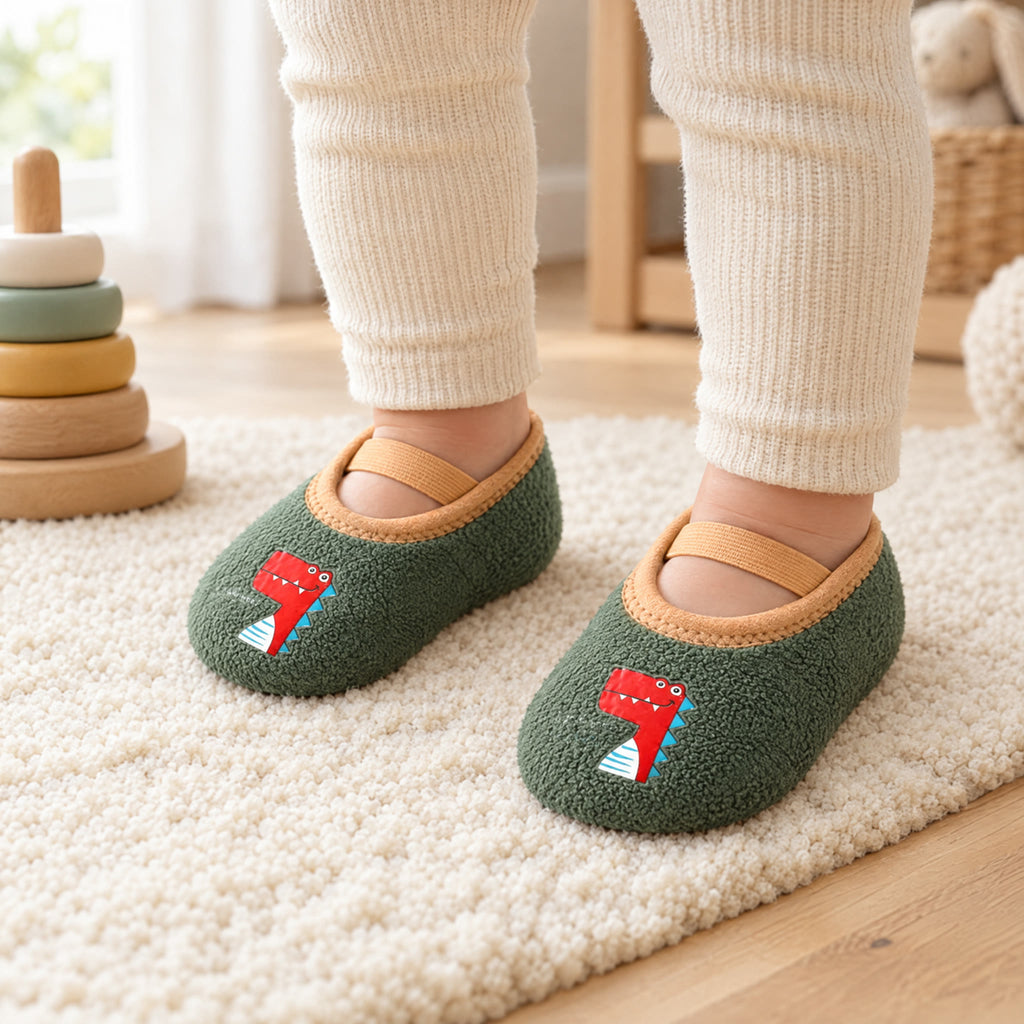 Big Dino – a toddler standing on a cream rug in Big Dino grip socks