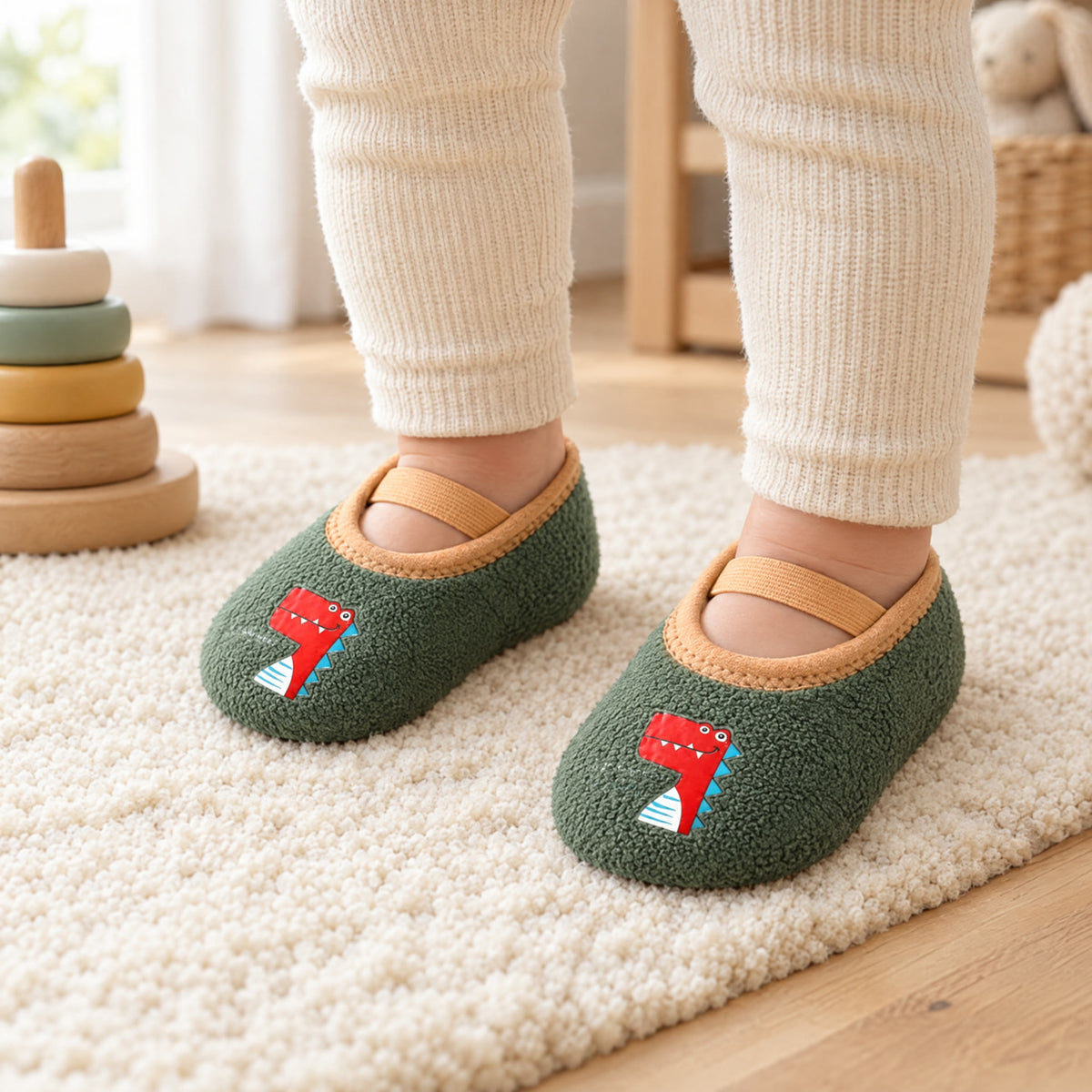 Big Dino – a toddler standing on a cream rug in Big Dino grip socks