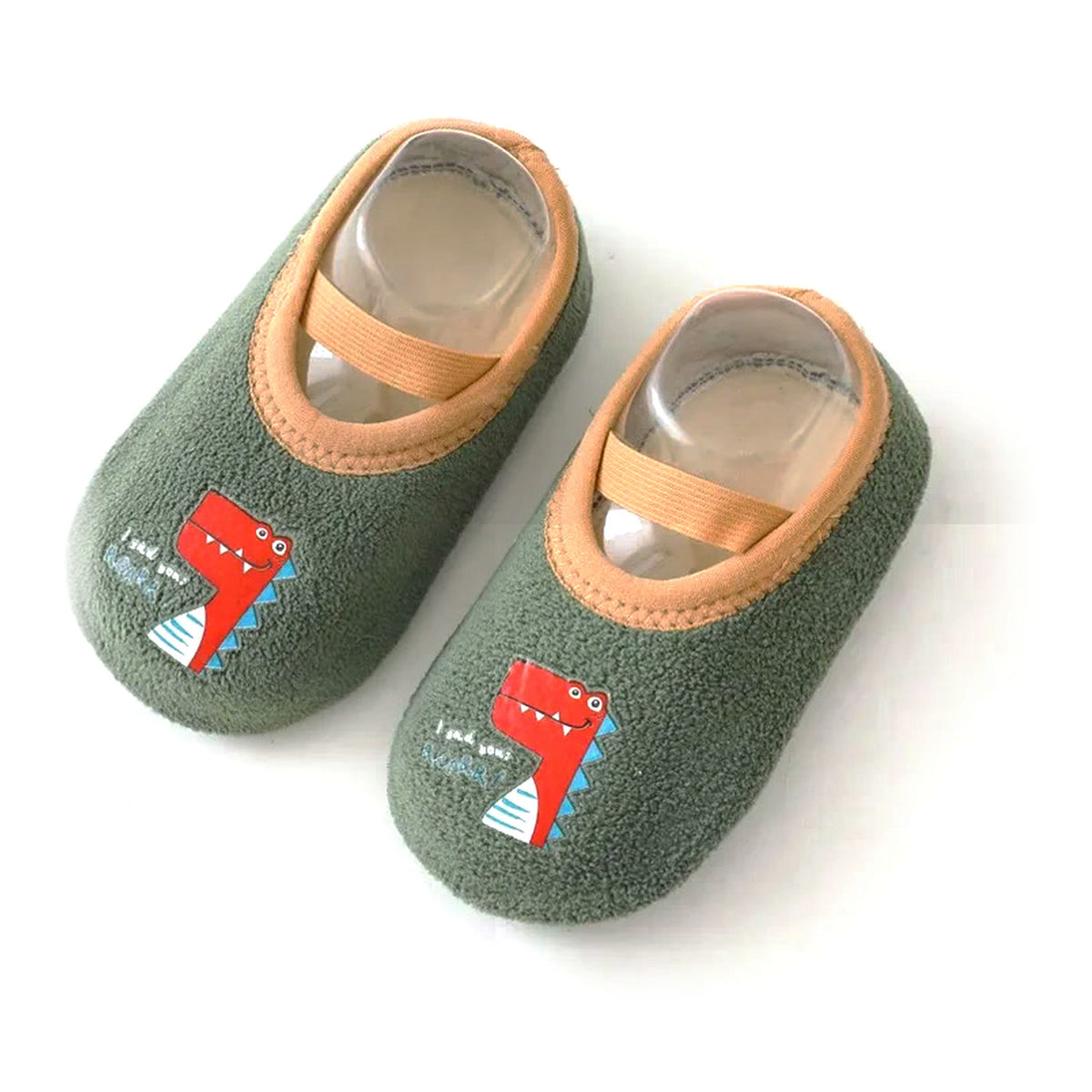 Big Dino – green grip sock-shoes with a red dinosaur