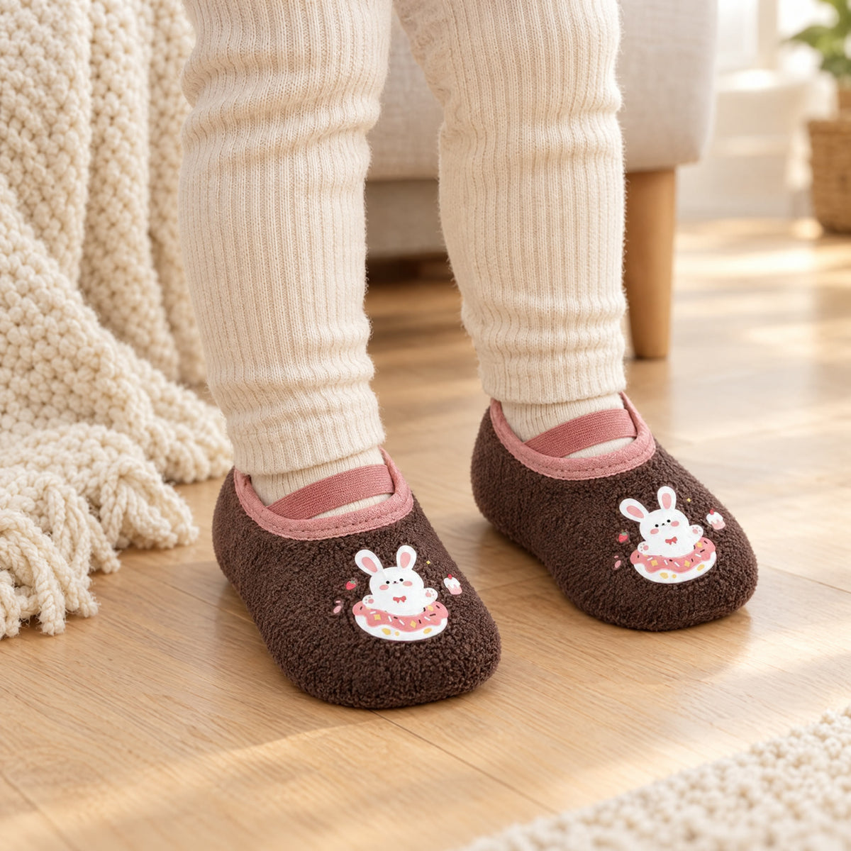 Bunny – a toddler standing in a living room in Bunny grip socks