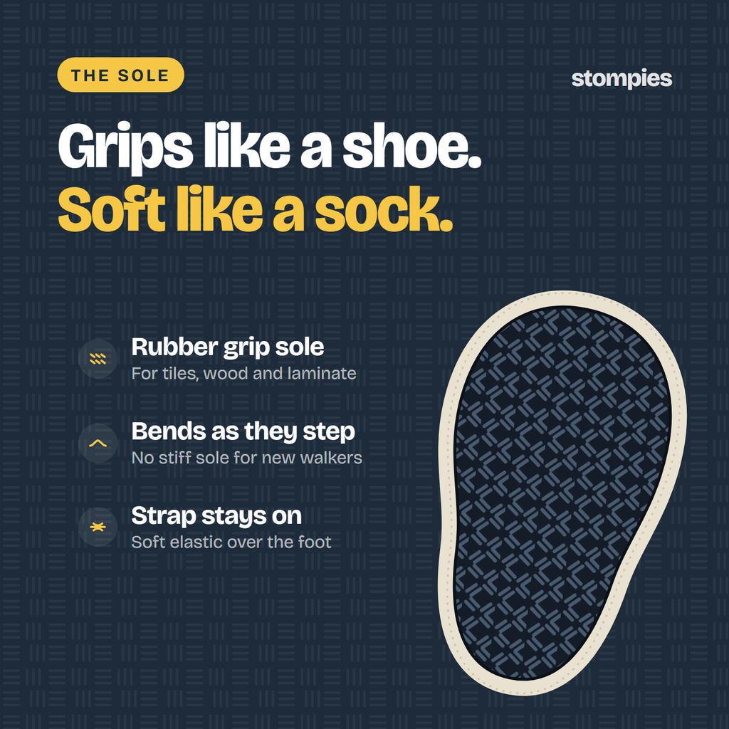 The rubber grip sole works on tiles, wood and laminate, bends as they step, and the strap stays on