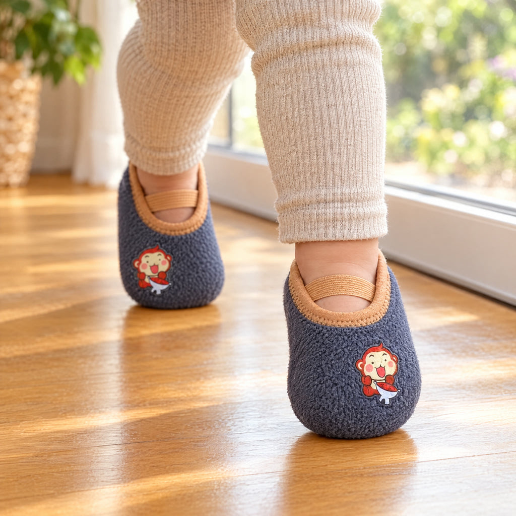 Cheeky Monkey – a toddler stepping across a wooden floor in Cheeky Monkey grip socks