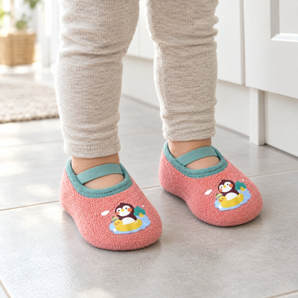 Penguin – a toddler standing on kitchen tiles in Penguin grip socks