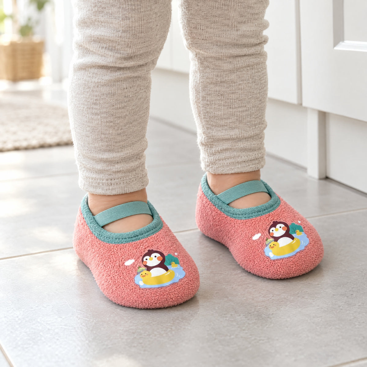 Penguin – a toddler standing on kitchen tiles in Penguin grip socks