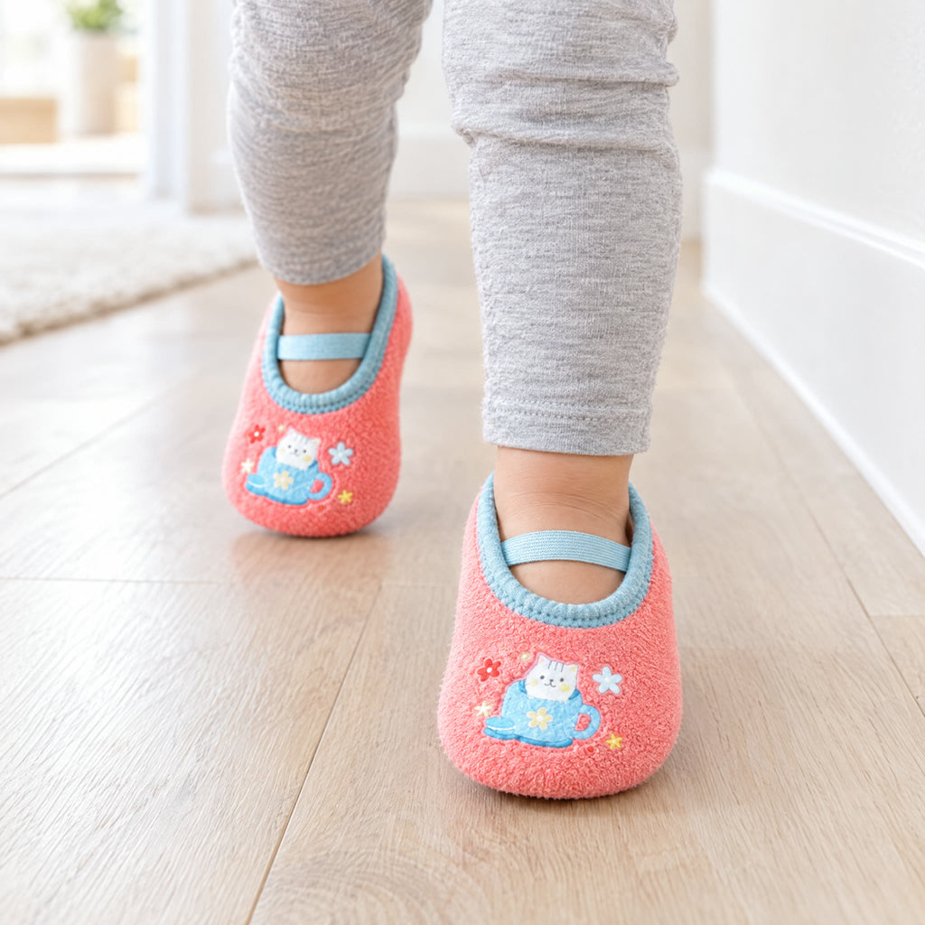 Pink Kitty – a toddler walking down a hallway in Pink Kitty grip socks