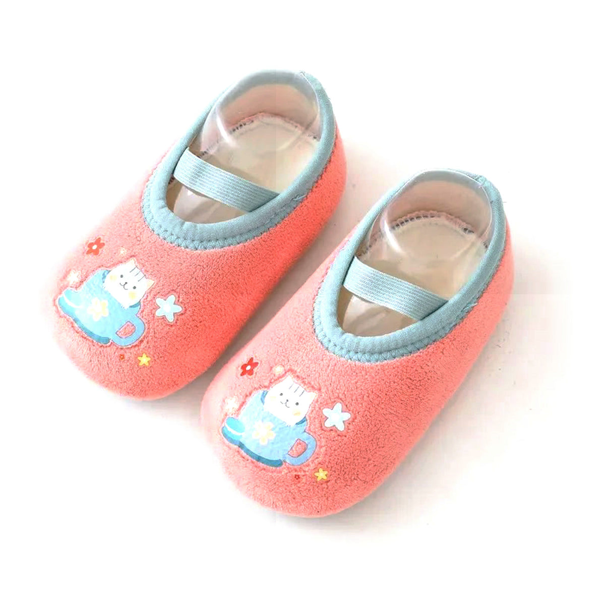 Pink Kitty – coral pink grip sock-shoes with a kitten in a teacup