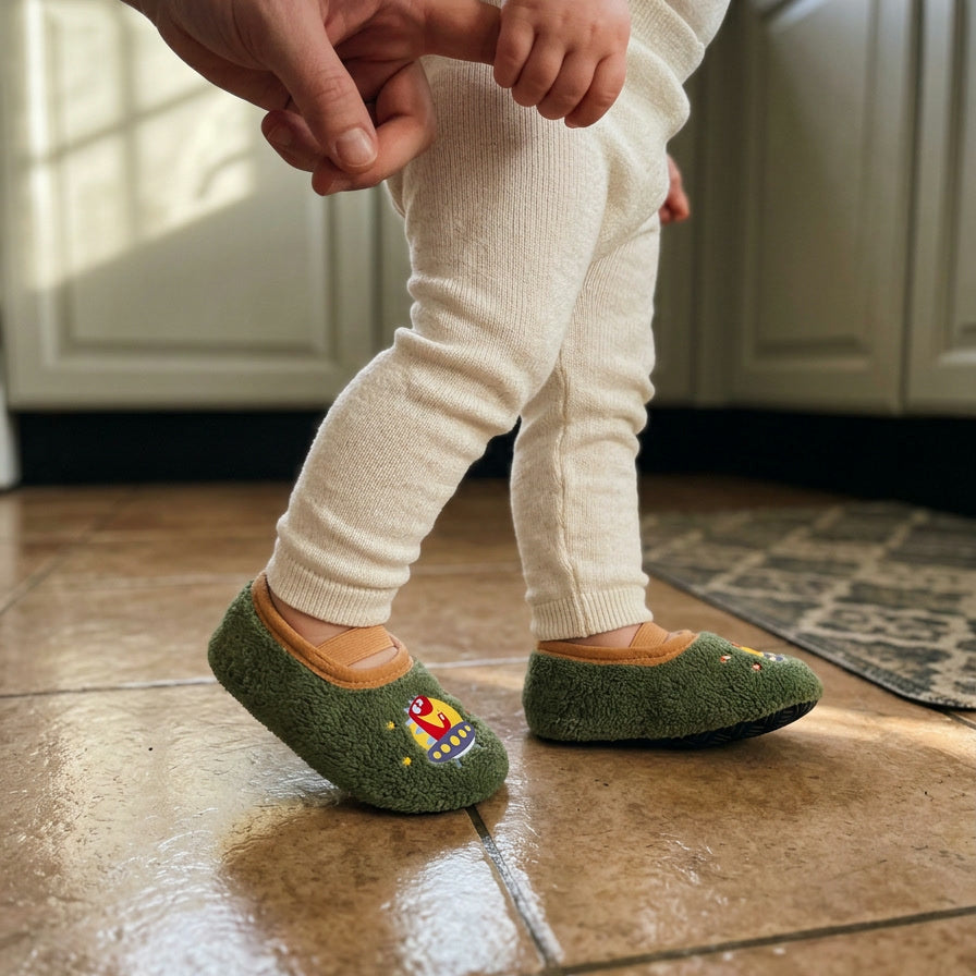 Space Dino – a toddler walking across kitchen tiles holding a parent's hand