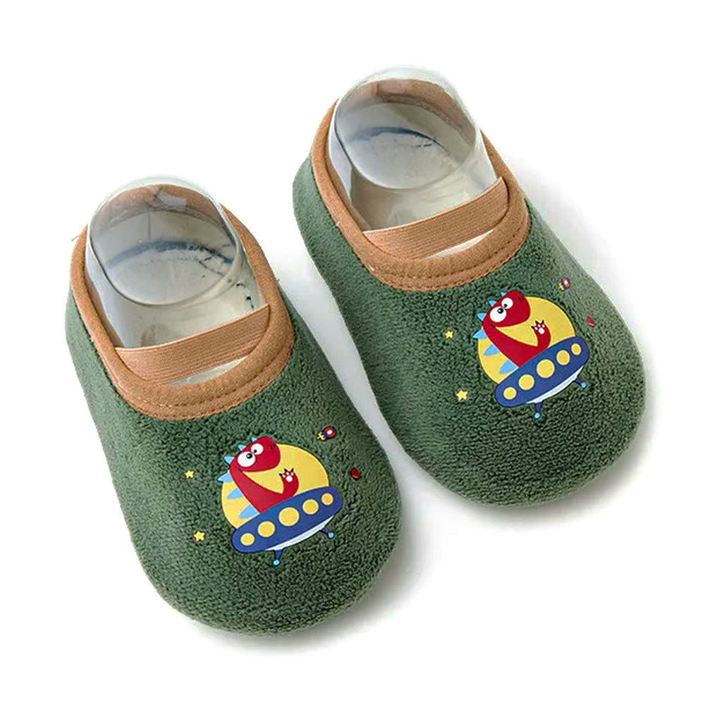 Space Dino – olive green grip sock-shoes with a dinosaur in a spaceship