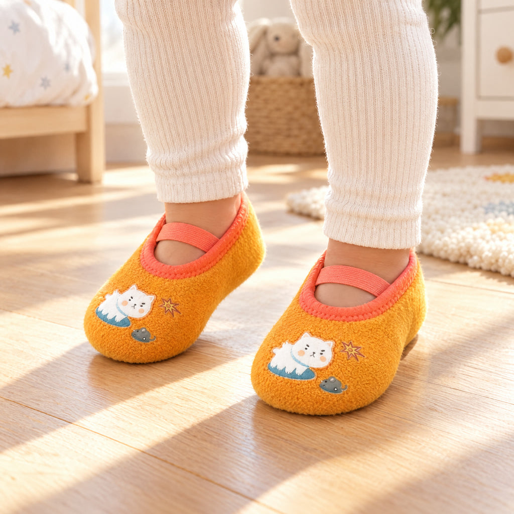 Sunny Cat – a toddler standing in a sunny bedroom in Sunny Cat grip socks