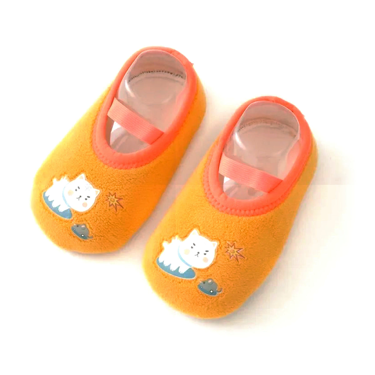 Sunny Cat – yellow grip sock-shoes with a white cat